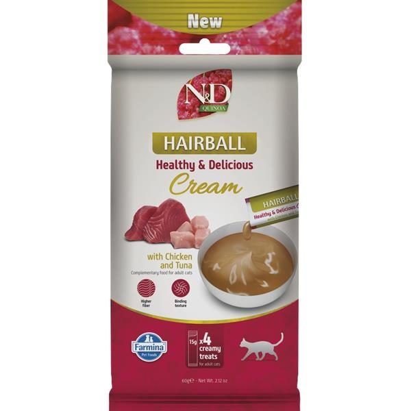 N&D QUINOA Cat Cream pamlsek Hairball Chicken & Tuna 60 g